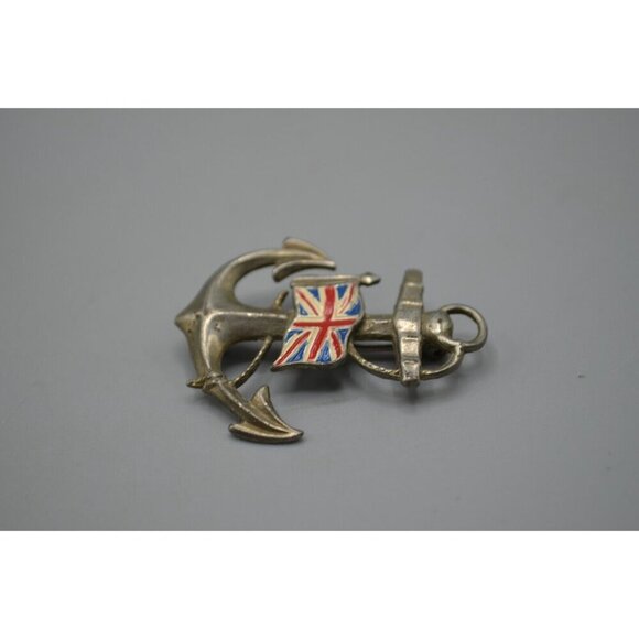 British Navy Brooch Anchor Union Jack Flag  1.5" Vtg Silver Blue Red White - Picture 7 of 7